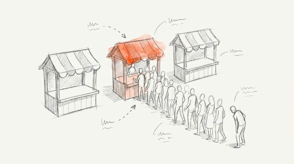 Bleistiftskizze: Drei Marktstände, vor dem mittleren mit orange hervorgehobenem Dach eine lange Schlange, die anderen leer, als Bild für Social Proof