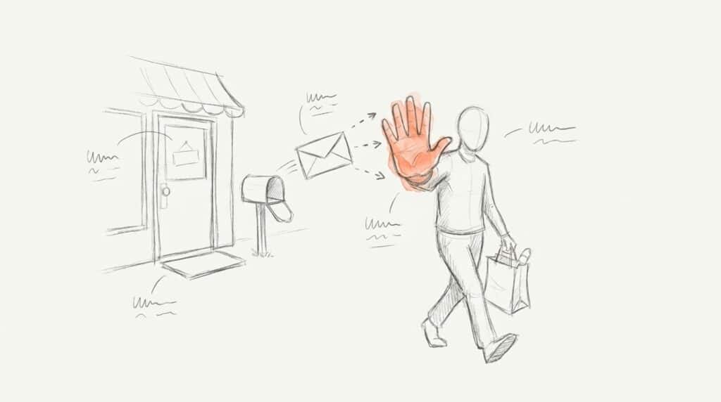Bleistiftskizze: Kunde mit Tüte verlässt einen Laden, ein Brief fliegt ihm entgegen, seine orange Hand wehrt ab als Bild für Widerspruch beim Soft Opt-in
