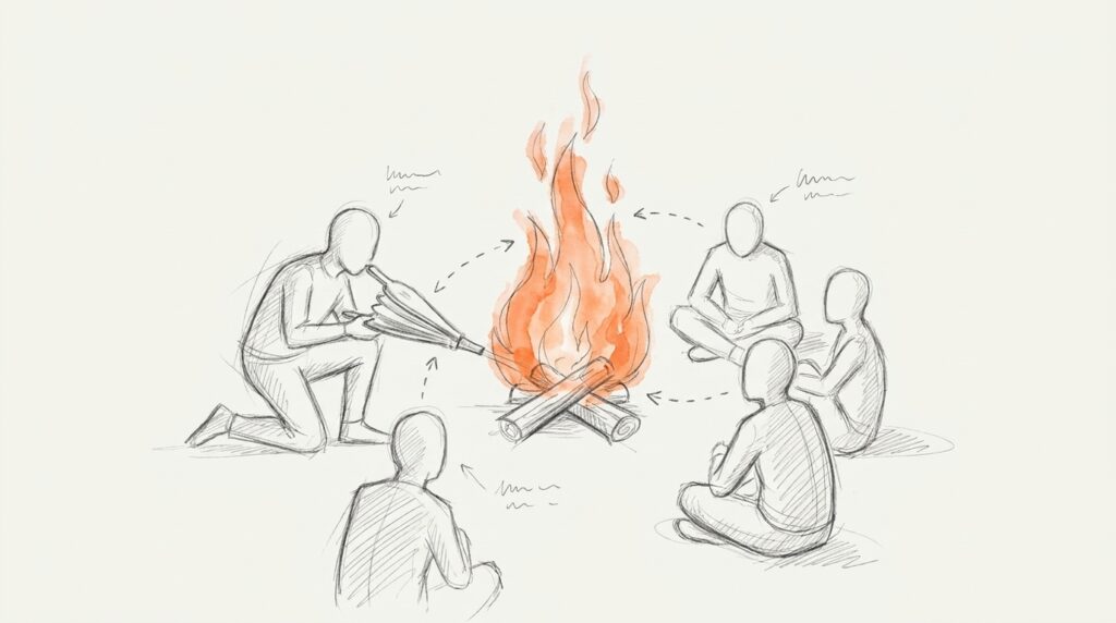 Bleistiftskizze: Kniende Figur facht mit einem Blasebalg ein Lagerfeuer an, vier Figuren sitzen drumherum, Flammen orange, als Bild für verstärkte Posts