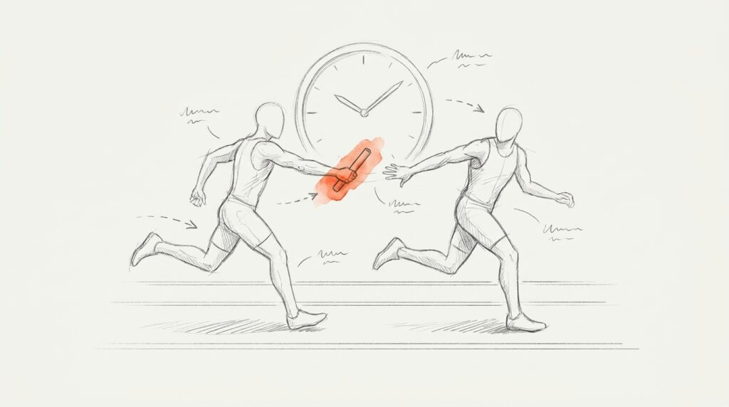 Bleistiftskizze: Zwei Läufer bei der Stabübergabe vor einer großen Uhr, der orange Staffelstab als Bild für die schnelle Reaktion auf Leads