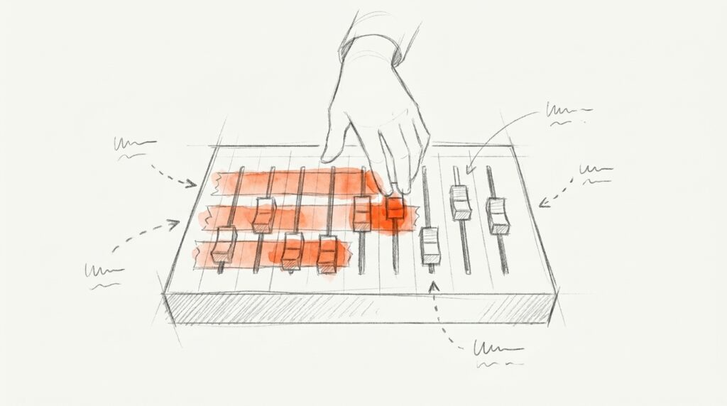Bleistiftskizze: Hand greift an ein Mischpult, dessen linke Regler unter orangem Klebeband festsitzen, nur drei rechts frei, als Bild für gesperrtes Targeting