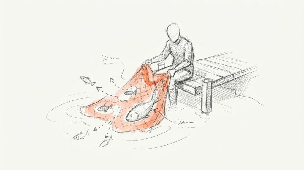 Bleistiftskizze: Figur auf Steg hält orangefarbenes Netz ins Wasser, kleine Fische entkommen, ein großer bleibt hängen, als Bild für statistische Power