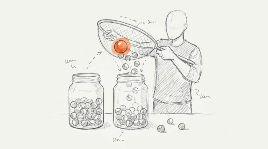 Bleistiftskizze: Eine Figur hält ein Sieb über das rechte von zwei Murmelgläsern, eine orange Murmel bleibt hängen, als Bild für signifikante Ergebnisse