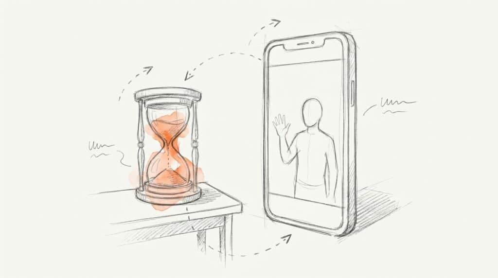 Bleistiftskizze: Sanduhr mit orange hervorgehobenem Sand auf einem Tisch neben einem Smartphone mit winkender Figur, als Bild für ablaufende Stories