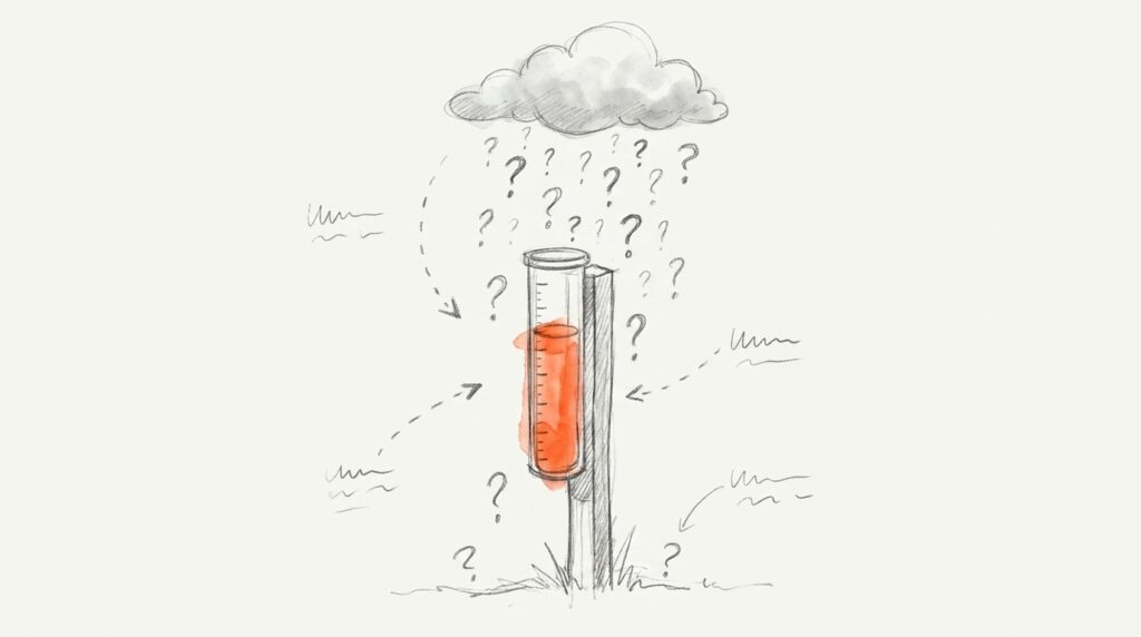 Bleistiftskizze: Aus einer Wolke fallen Fragezeichen in einen Regenmesser, dessen Wasser orange markiert ist, als Bild für gesammelte Suchanfragen