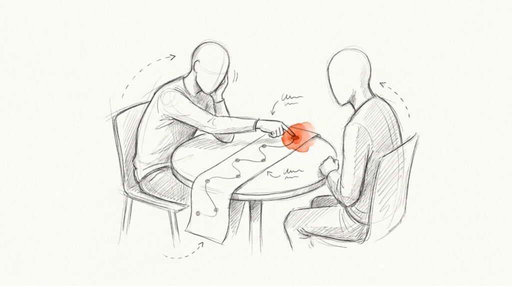 Bleistiftskizze: Zwei Personen am Tisch, eine zeigt auf den orange markierten Anfangspunkt einer gewundenen Linie auf Papier, als Bild für den Kaufweg