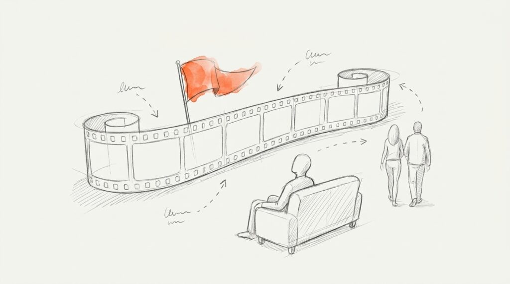Bleistiftskizze: Filmstreifen mit orangem Fähnchen nach einem Viertel, davor eine Person auf dem Sofa, zwei andere gehen weg, als Bild für ThruPlay
