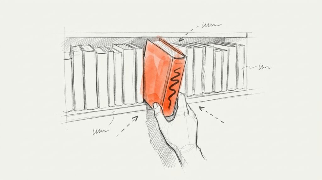 Bleistiftskizze: Eine Hand zieht aus einem Regal mit leeren Buchrücken ein orange hervorgehobenes Buch mit Wellenlinie, als Bild für den Title-Tag