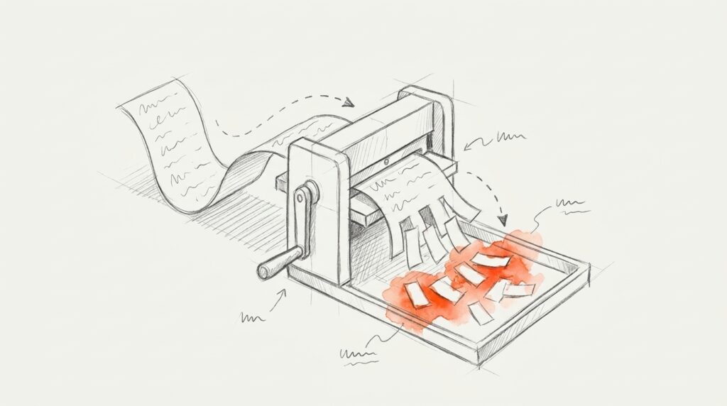 Bleistiftskizze: Ein Papierstreifen läuft durch eine Kurbelmaschine und fällt zerschnitten in eine Schale, orange Schnipsel als Bild für Tokens