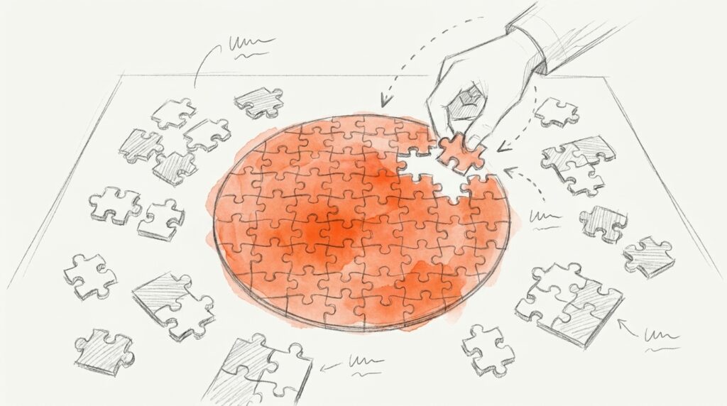 Bleistiftskizze: Eine Hand setzt ein Teil in einen fast fertigen, orange markierten Puzzlekreis, ringsum lose Teile, als Bild für Topical Authority