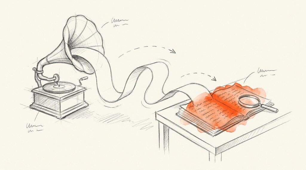 Bleistiftskizze: Aus einem Grammofontrichter fließt ein Papierband zu einem offenen Buch mit Lupe, Seiten orange, als Bild fürs Transkript