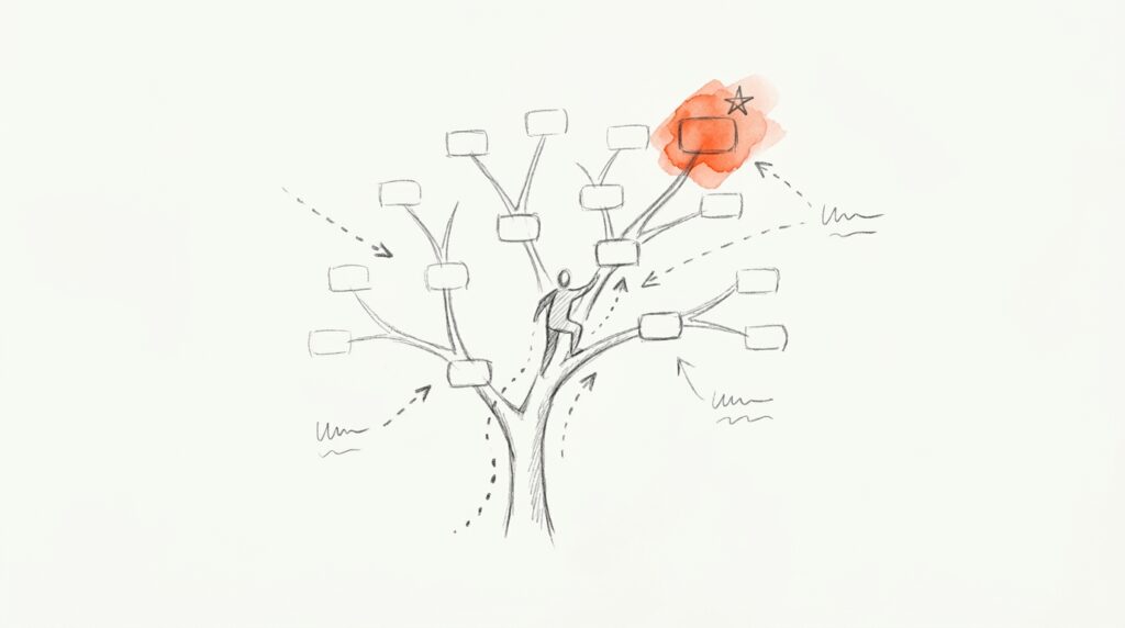 Bleistiftskizze: Figur klettert durch einen Baum aus leeren Kästchen zum orange markierten Kästchen mit Stern, als Bild für Tree Testing