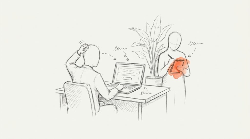 Bleistiftskizze: Person kratzt sich vor einem Laptop am Kopf, eine Figur notiert daneben auf orangem Notizblock, als Bild für einen Usability-Test