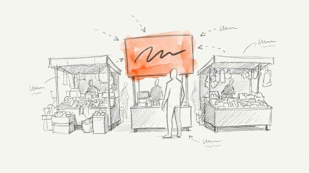 Bleistiftskizze: Drei Marktstände, vor dem mittleren steht ein Passant unter einem orange hervorgehobenen Schild, als Bild für das Wertversprechen