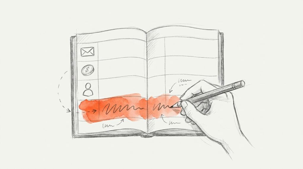 Bleistiftskizze: Hand trägt mit Stift eine neue Zeile in ein Buch mit Brief-, Münz- und Personen-Symbolen ein, die neue Zeile orange, als Bild für das VVT