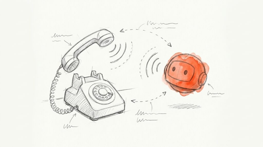 Bleistiftskizze: Wählscheibentelefon mit abgehobenem Hörer, Schallwellen zu einem orange hervorgehobenen Roboterkopf, der zurückspricht, als Bild für Voicebot