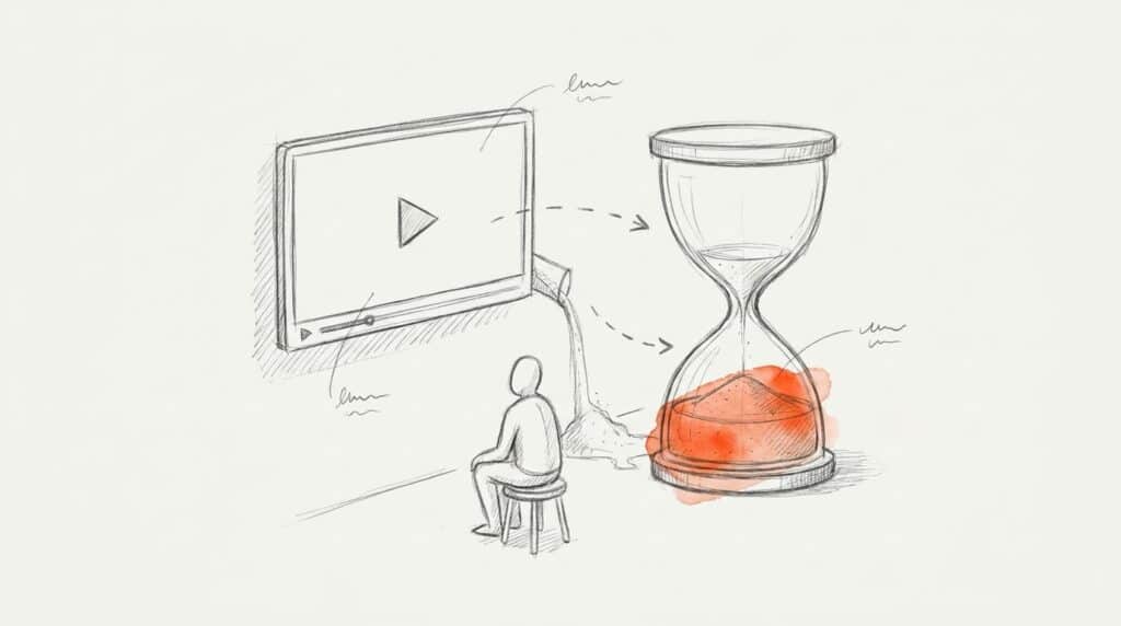 Bleistiftskizze: Person auf Hocker vor Bildschirm, aus dem Sand rinnt, daneben Sanduhr mit orange hervorgehobenem Sand unten, als Bild für gesammelte Sehzeit