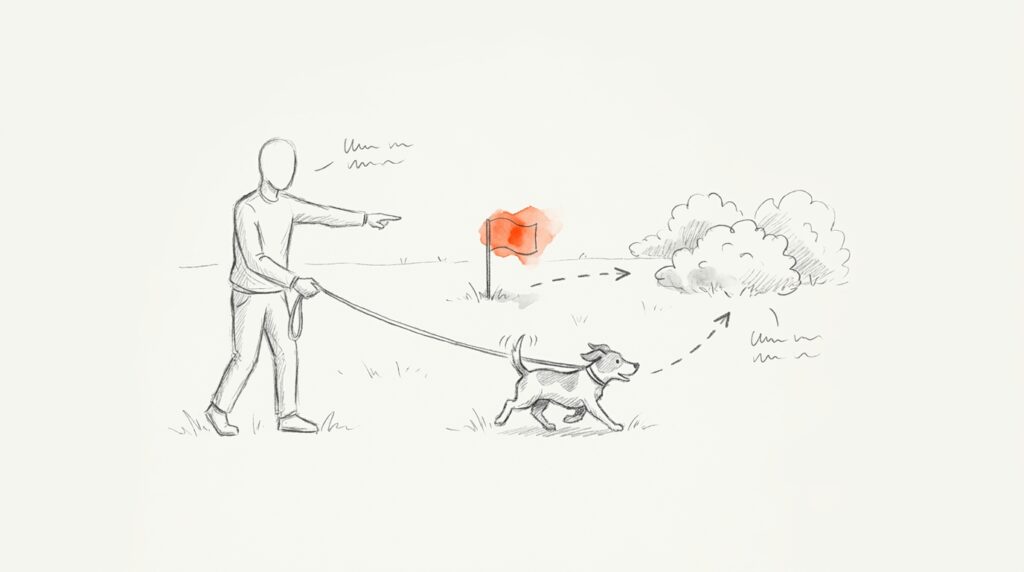 Bleistiftskizze: Person zeigt auf eine orange Fahne im Gras, ihr Hund an loser Leine läuft daran vorbei zu Büschen, als Bild für Zielgruppensignale